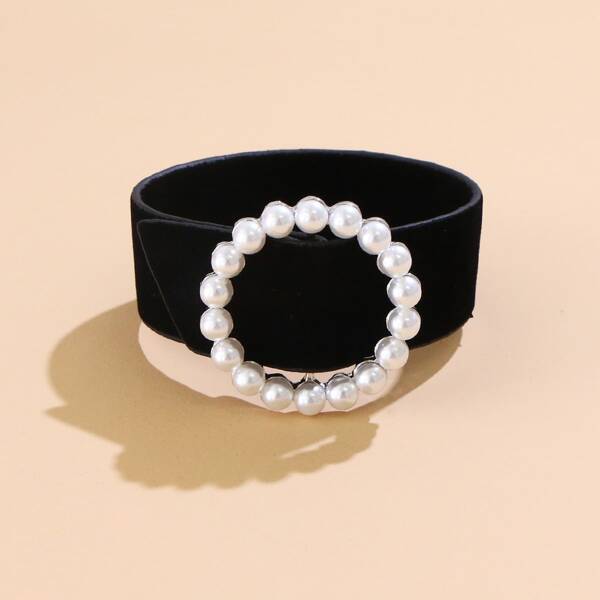 

Faux Pearl PU Buckle Bracelet, Black