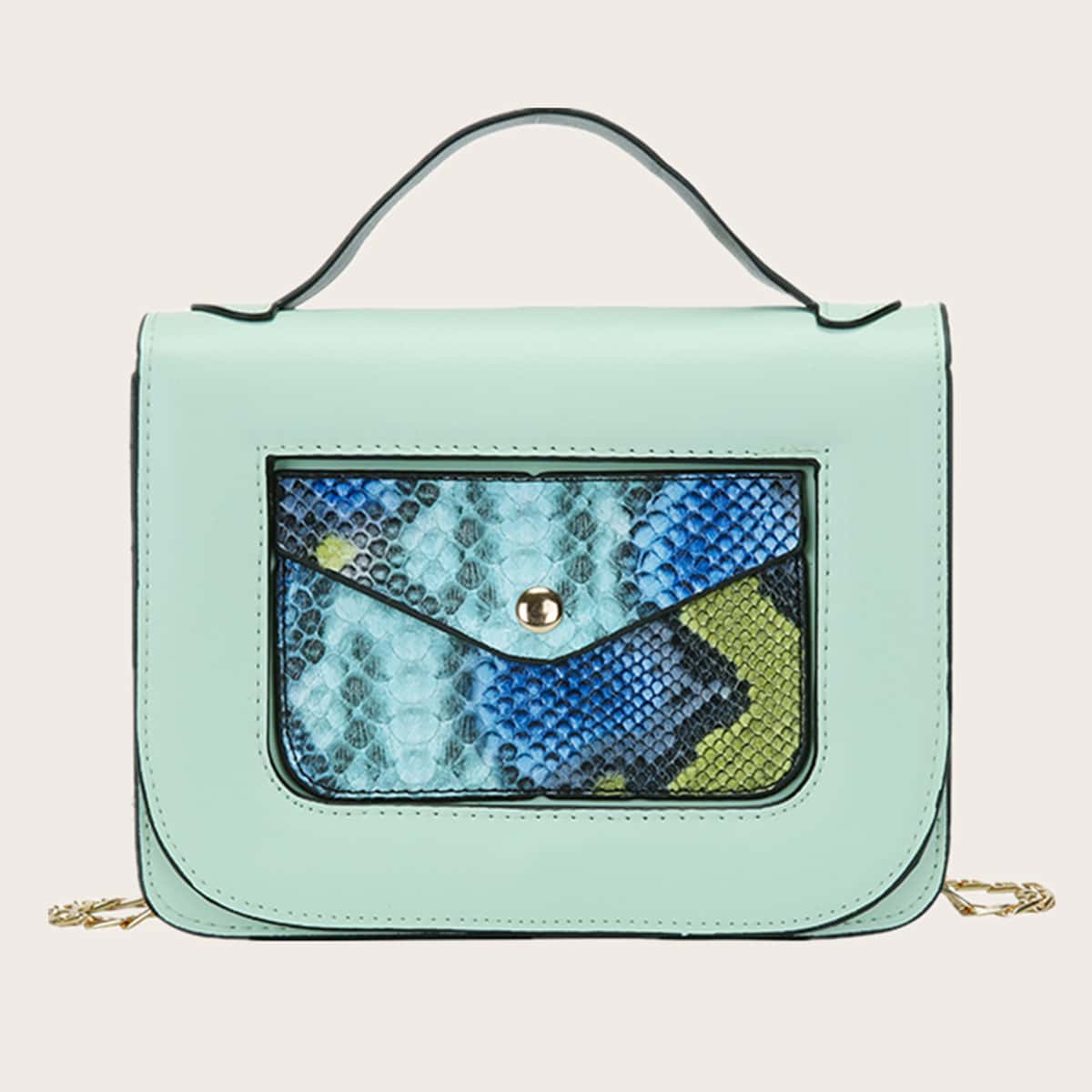 

Snakeskin Print Chain Decor Satchel Bag, Blue