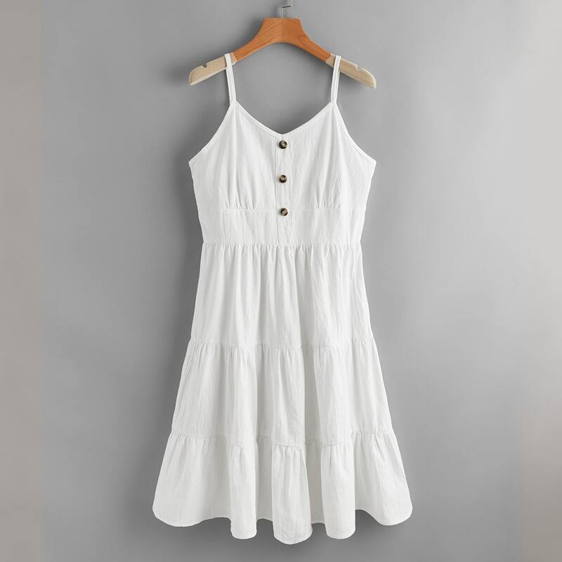 

Solid Button Cami Dress, White