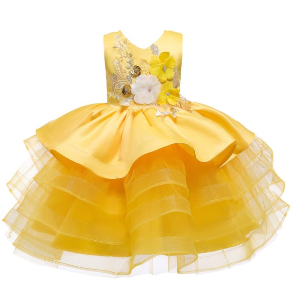 

Toddler Girls Appliques Tie Back Layered Gown Dress, Yellow