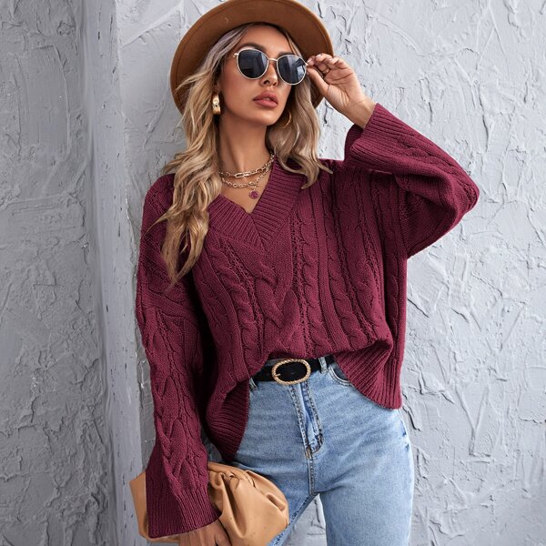 

Cable Knit V-neck Oversized Sweater, Maroon