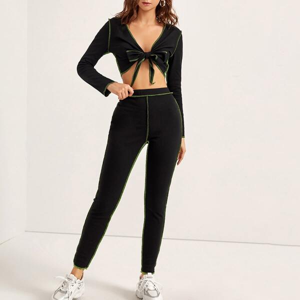 

Contrast Topstitching Tie Front Top & Leggings, Black