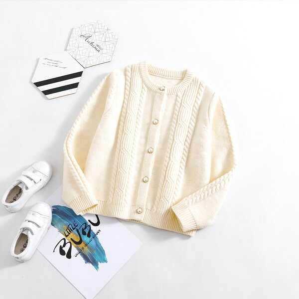 

Girls Cable Knit Button Front Cardigan, Beige