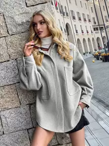 GENKIRA Áo khoác ngoài có túi thả vai phía trước, Áo khoác ngoài nữ cổ trễ vai màu xám nhạt đơn giản, Áo khoác ngoài nữ cỡ lớn, Trang phục thường ngày giản dị - Màu Xám nhạt - Xem 3