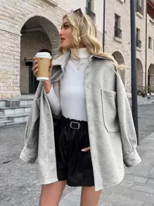 GENKIRA Áo khoác ngoài có túi thả vai phía trước, Áo khoác ngoài nữ cổ trễ vai màu xám nhạt đơn giản, Áo khoác ngoài nữ cỡ lớn, Trang phục thường ngày giản dị - Màu Xám nhạt - Xem 5