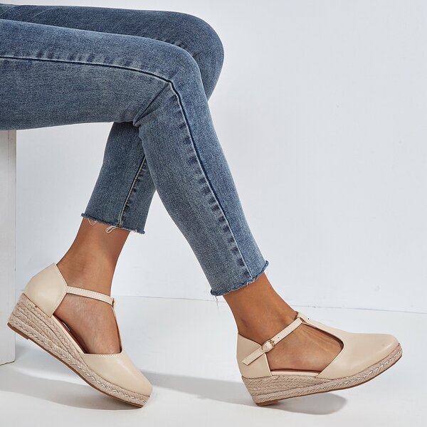 

Round Toe T-strap Espadrille Wedges, Beige