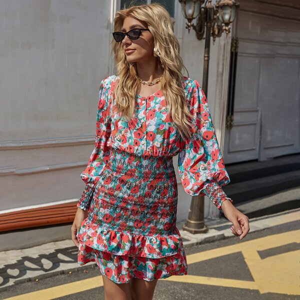 

Shirred Layered Hem Allover Floral Dress, Multicolor