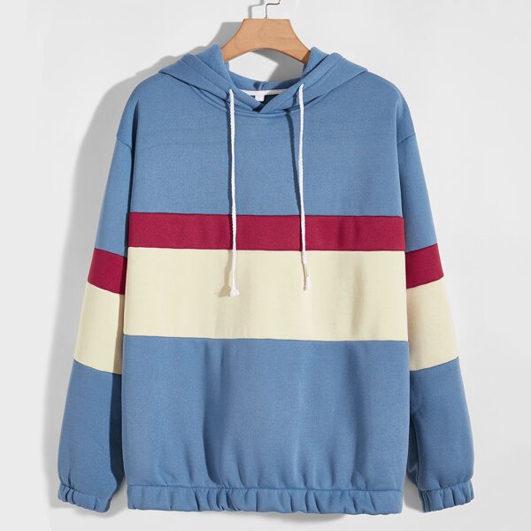 

Men Contrast Panel Drawstring Thermal Hoodie, Dusty blue