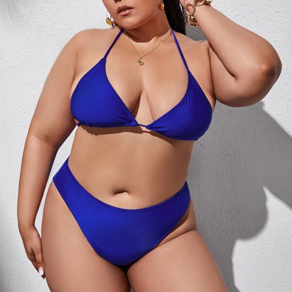 

Plus Halter Triangle High Waisted Bikini Swimsuit, Royal blue