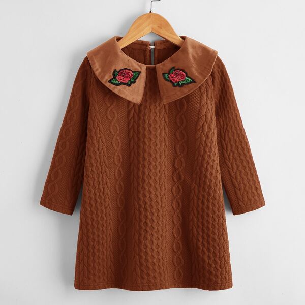 

Toddler Girl Cable Knit Floral Embroidered Sweater Dress, Coffee brown