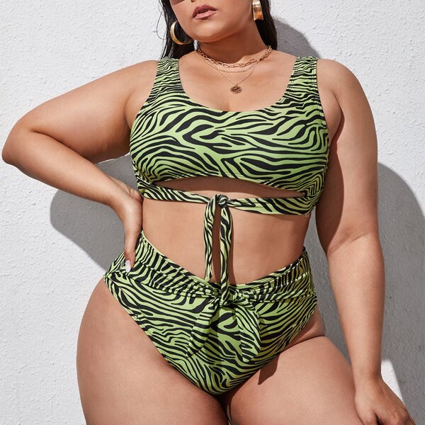 

Plus Zebra Stripe Knot Front Bikini Swimsuit, Multicolor