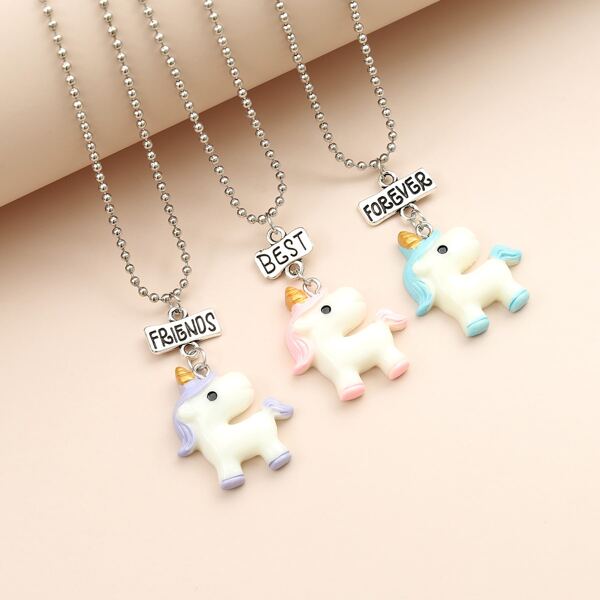 

3pcs Cartoon Unicorn Pendant Necklace, Multicolor