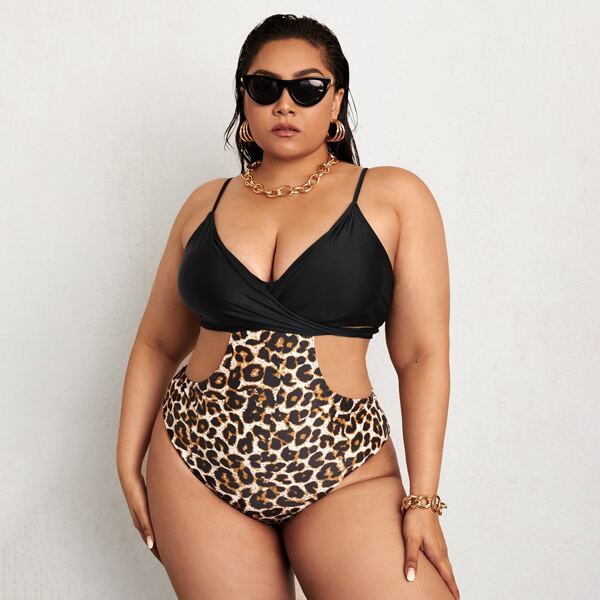 

Plus Leopard Cut-out One Piece Swimsuit, Multicolor