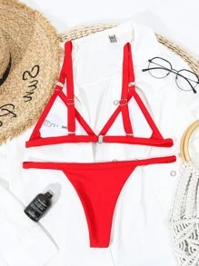 SHEIN Swim 環連三角丁字褲比基尼套裝，夏日沙灘必備 - 紅色 - 查看 2