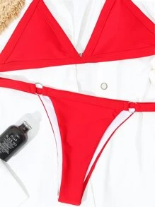 SHEIN Swim 環連三角丁字褲比基尼套裝，夏日沙灘必備 - 紅色 - 查看 3