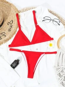SHEIN Swim 環連三角丁字褲比基尼套裝，夏日沙灘必備 - 紅色 - 查看 4