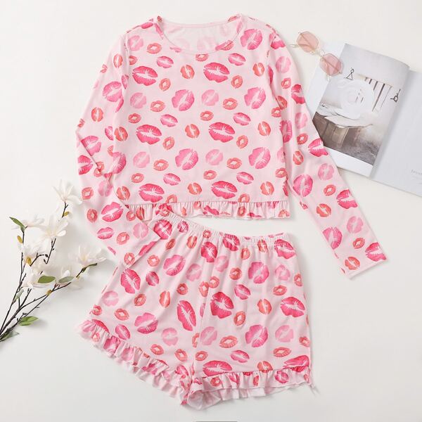 

Lip Print Ruffle Hem Tee With Shorts, Pink