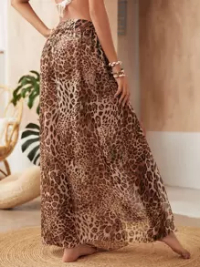 Swim Vcay 夏季海滩豹纹雪纺结腰罩裙 - 棕色 - 查看 2