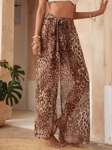 Swim Vcay 夏季海滩豹纹雪纺结腰罩裙 - 棕色 - 查看 4