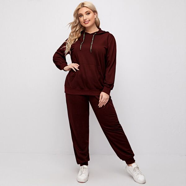 

Plus Kangaroo Pocket Drawstring Hoodie & Sweatpants, Maroon