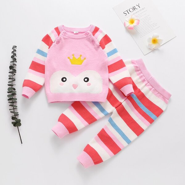

Baby Girl Cartoon And Striped Pattern Sweater With Knit Pants, Multicolor