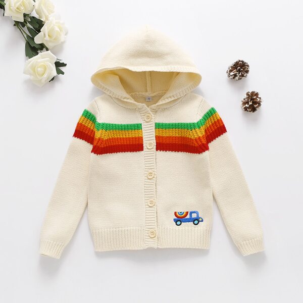 

Toddler Girls Colorblock Striped Pattern Button Front Hooded Cardigan, Beige