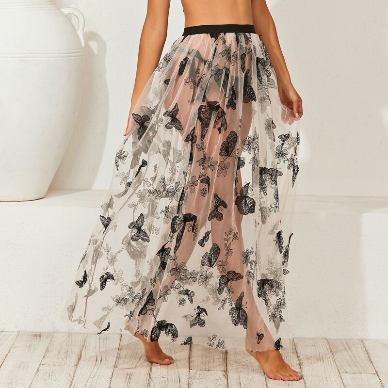

Butterfly & Floral Embroidered Mesh Cover Up Skirt, Black and white