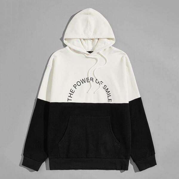 

Men Slogan Graphic Colorblock Drawstring Hoodie, Black and white