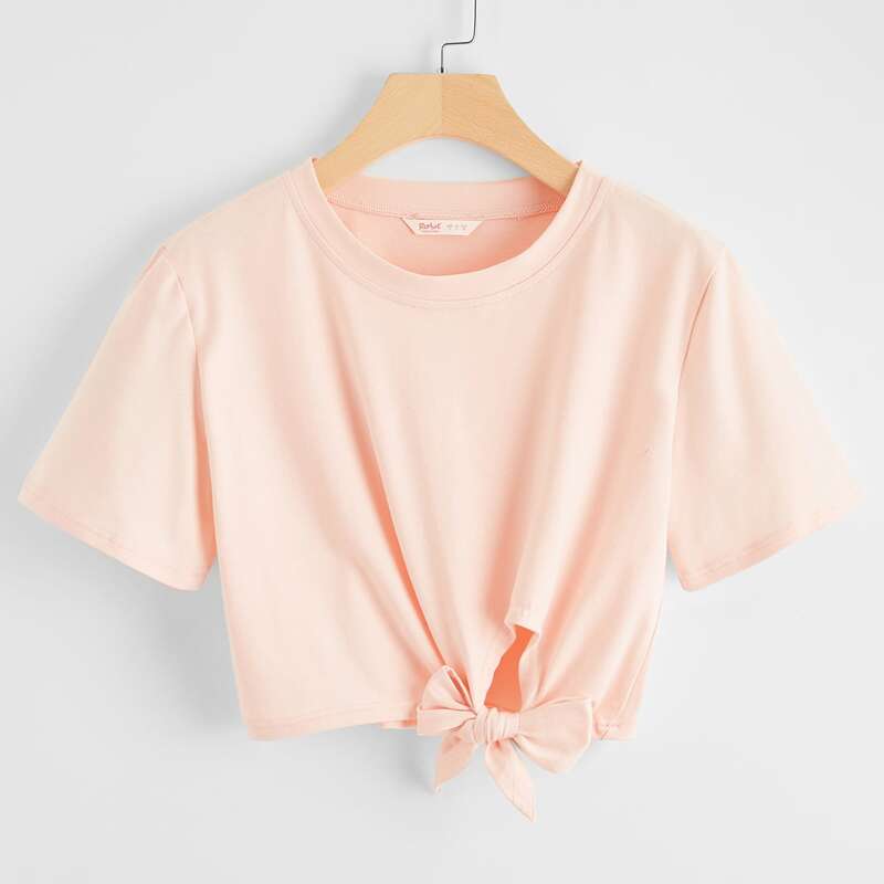 

Solid Bow Front Crop Tee, Coral pink