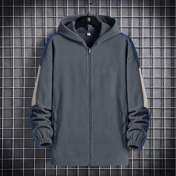 

Men Colorblock Zip Up Hooded Teddy Jacket, Dark grey