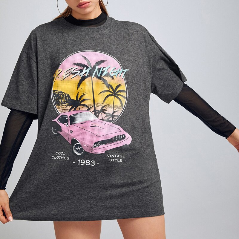 

Letter Car & Tropical Graphic Tee, Dark grey