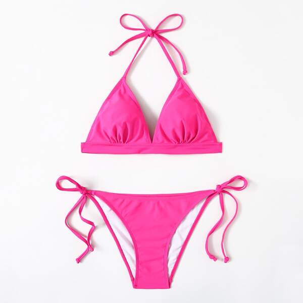 

Triangle Halter Tie Side Bikini Swimsuit, Hot pink