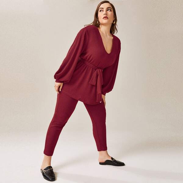 

Plus Self Tie Rib-Knit Tee With Leggings, Burgundy