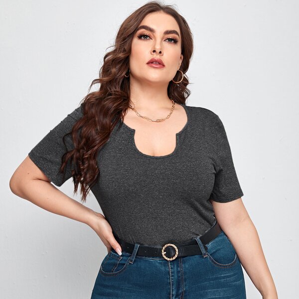

Plus Notched Neck Solid Tee, Dark grey