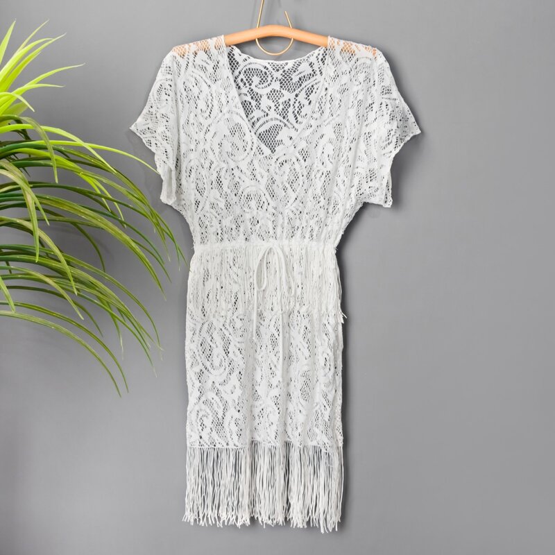 

Fringe Hem Lace Cover Up, White