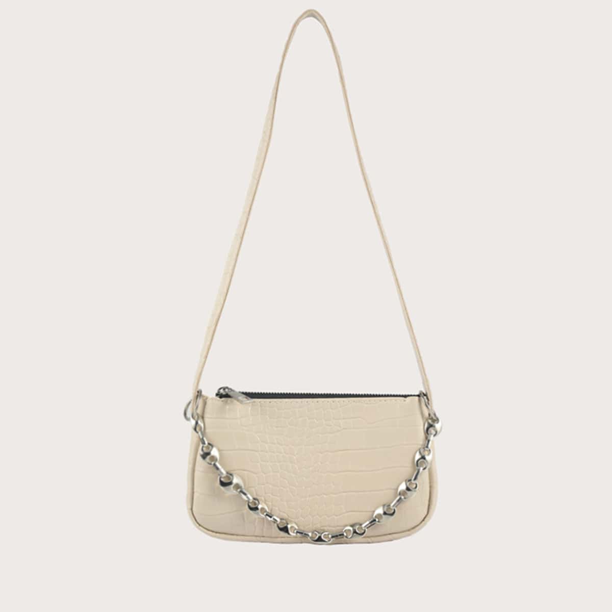 

Croc Embossed Chain Baguette Bag, Beige
