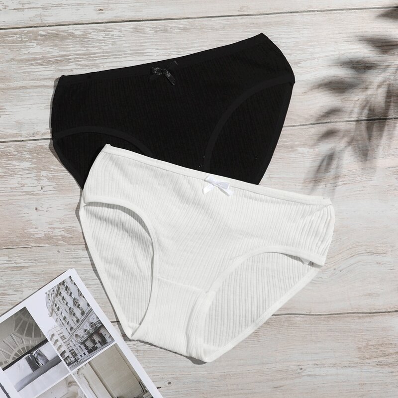 

4pack Rib Bow Front Panty Set, Black and white