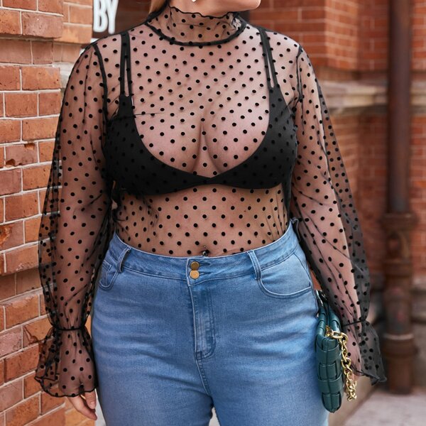 

Plus Dobby Mesh Sheer Top Without Bra, Black