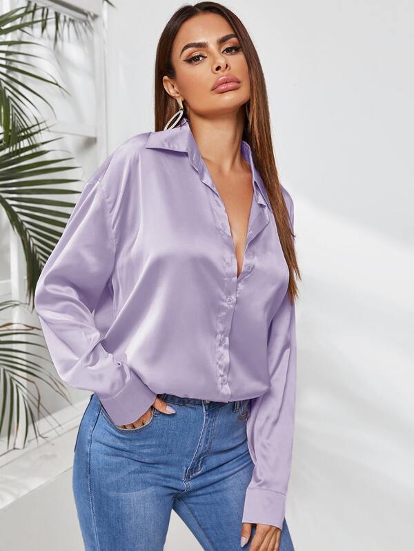 SHEIN Clasi Satin High Low Drop Shoulder Blouse SHEIN USA