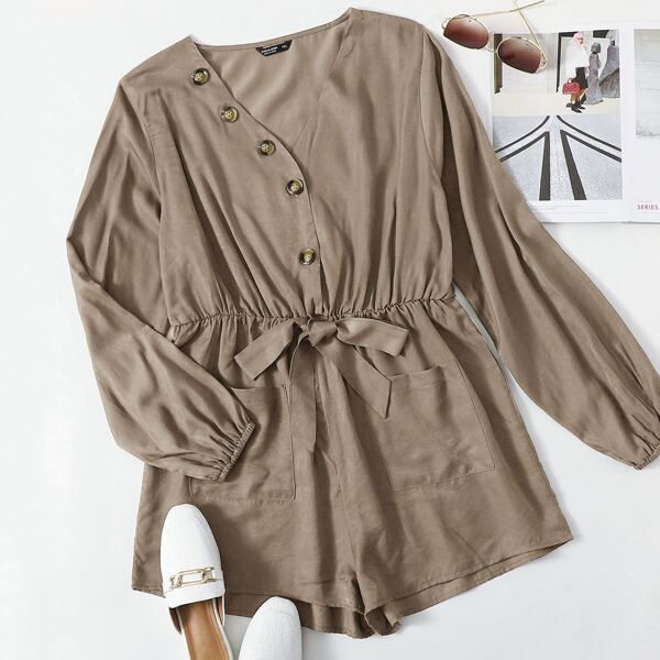 

Plus Button Front Knot Detail Romper, Khaki