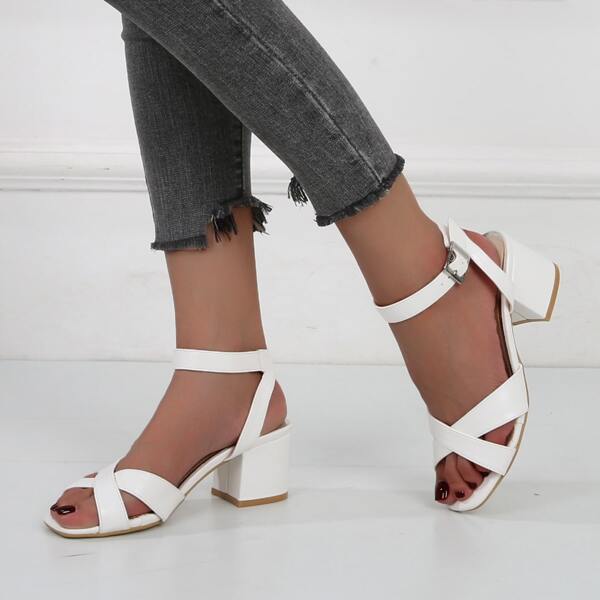 

Criss Cross Chunky Heeled Sandals, White