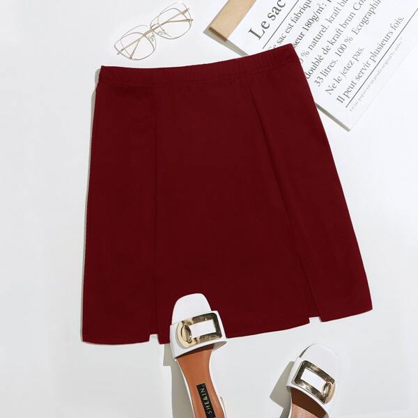 

Plus Split Hem Elastic Waist Skirt, Burgundy