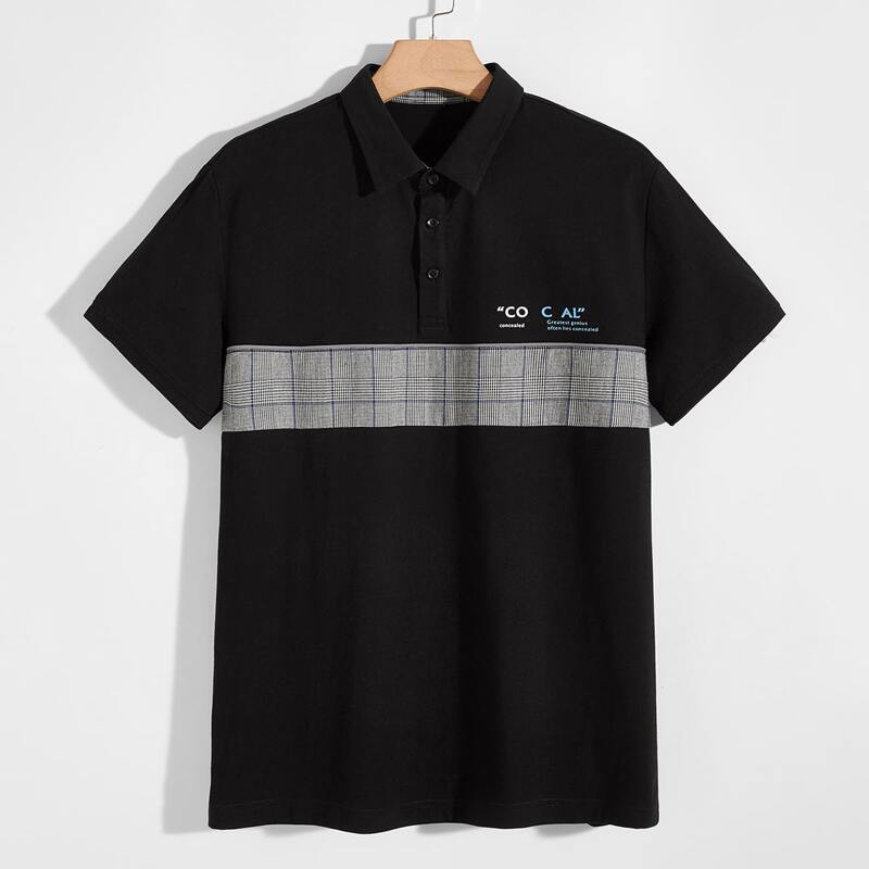 

Guys Plaid Panel Letter Graphic Polo Shirt, Black