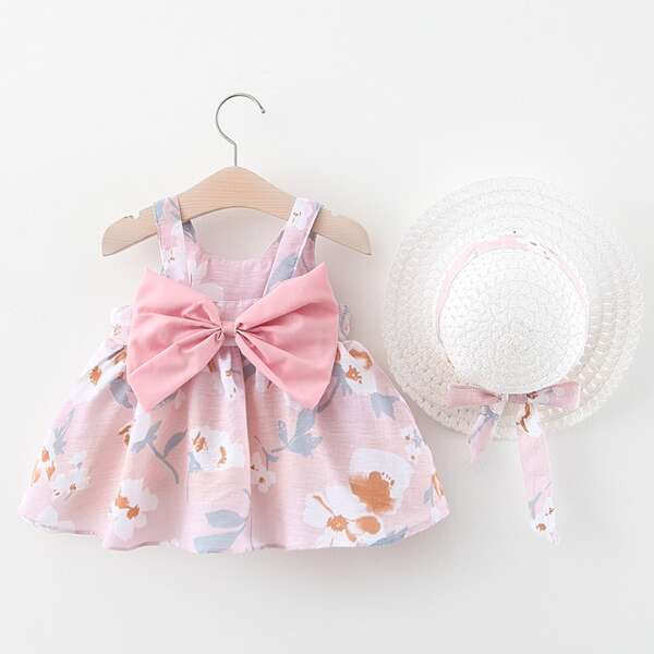 

Toddler Girls Floral Print Big Bow Back Dress & Hat, Baby pink