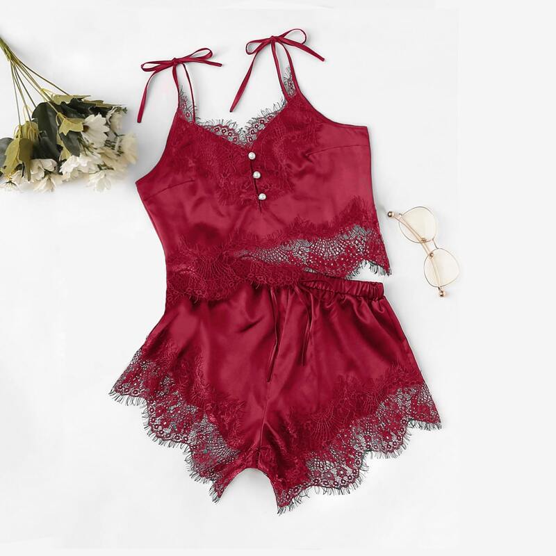 

Tie Shoulder Lace Trim Satin Cami Top & Shorts PJ Set, Burgundy