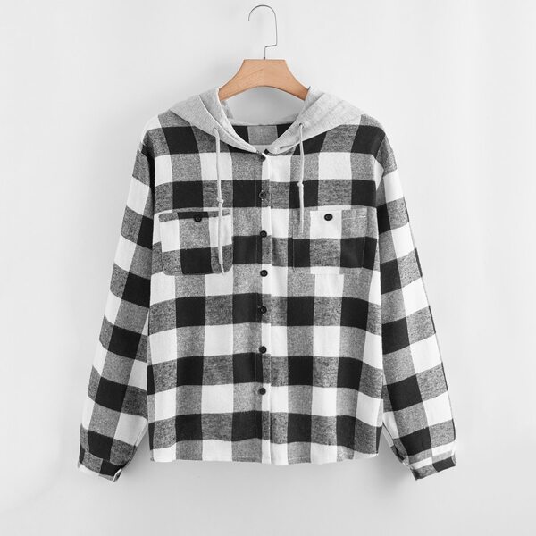 

Plus Gingham Hooded High Low Blouse, Black and white