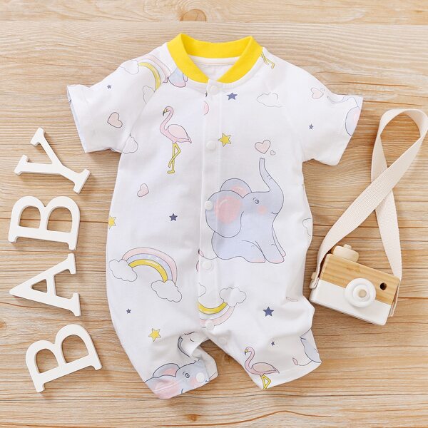 

Baby Girl Cartoon Graphic Contrast Collar Romper, White