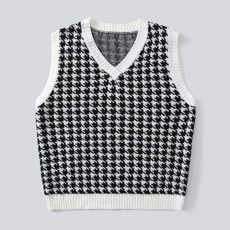 

Houndstooth Pattern Sweater Vest, Black and white