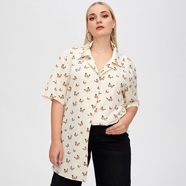 

Plus All Over Butterfly Print Button Front Blouse, Beige