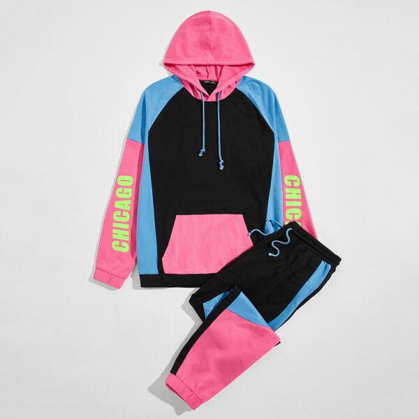 

Men Letter Graphic Colorblock Drawstring Hoodie & Joggers Set, Multicolor